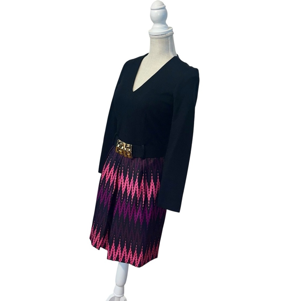 Milly Long Sleeve V Neck Belted Mini Dress Womens Sz 4 Black Pink Silk Blend - Picture 3 of 13